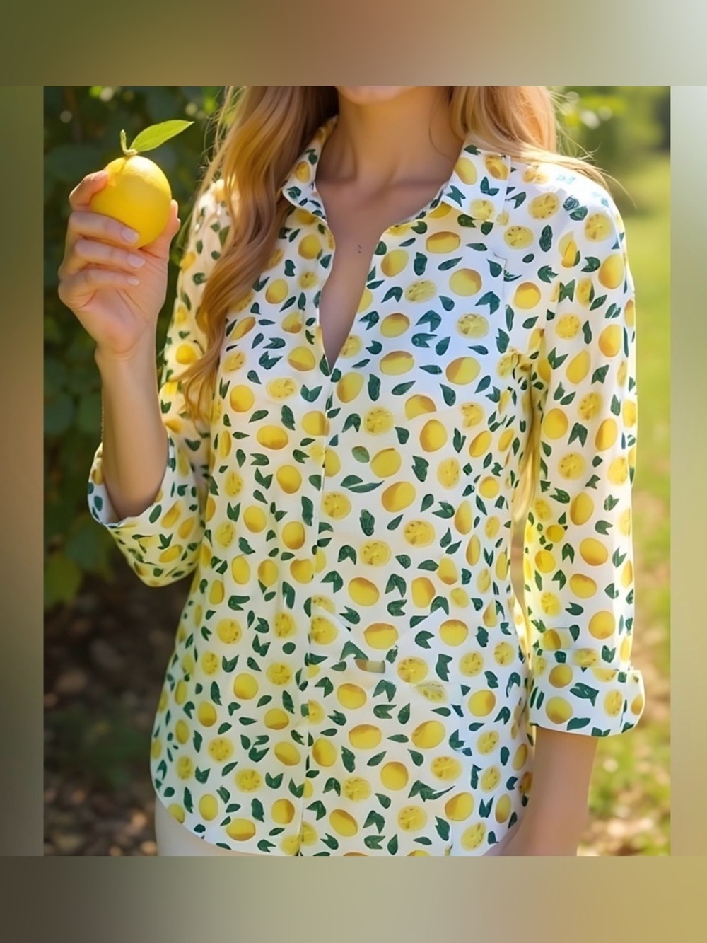 Eden & Olive Coastal Grandma Lemon Print Blouse Sz Large Cotton